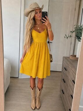 Old Navy Yellow White Pinstripe Cotton Fit & Flare Dress L Coastal Cow Girl